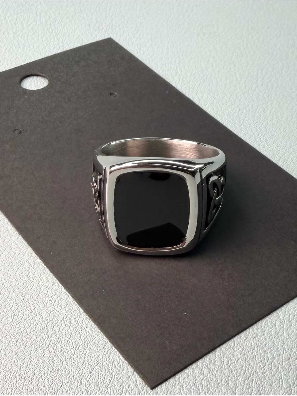Men's Black Onyx-Style Silver-Tone Signet Ring